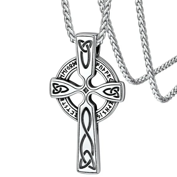 FaithHeart Celtic Knot Cross Rune Necklace Stainless Steel Nordic Viking Mythology Rune Jewelry for Men Silver