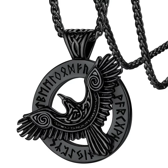 FaithHeart Viking Raven Necklace Mens Pendant Retro Crow Rune Necklace Norse Amulet Gift