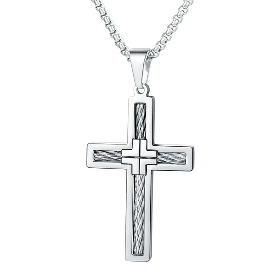 FaithHeart Vintage Cross Necklace for Men Women Stainless Steel Vintage Catholic Christian Jewelry Present for Father