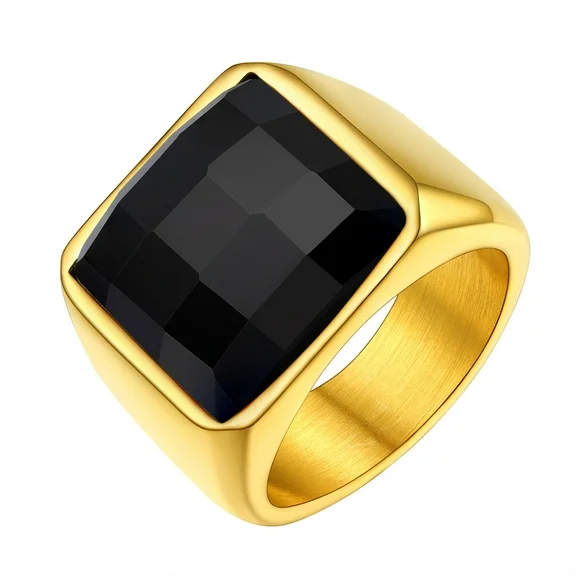 Fake Gold Signet Rings for Men Black Stone Chunky Cocktail Statement Ring Size 10