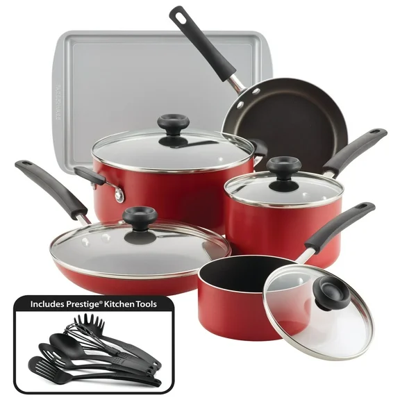Farberware Easy Clean 15 Piece Aluminum Nonstick Pots and Pans Set, Red