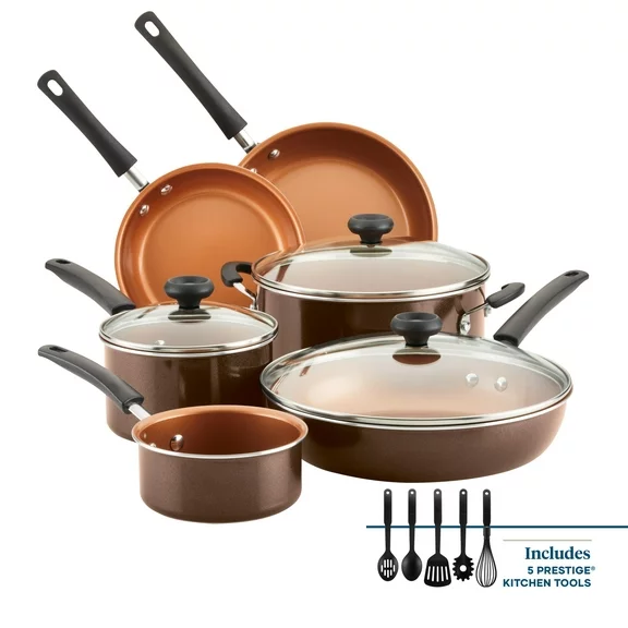 Farberware Easy Clean Pro 14 Piece Ceramic Nonstick Pots and Pans Set, Brown