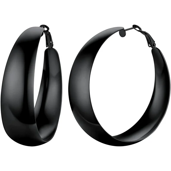 FindChic Black Big Chunky Hoop Earrings for Women 60mm Oversize Large Round Earrings Steel Sheet Light-weight Hypoallergenic Ear Circle Loop Hoops Jewelry
