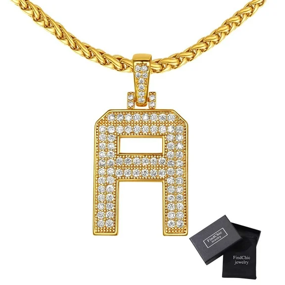 FindChic Bling 18K Gold Plated A Initial Letter Pendant Necklace on Wheat 22" Chain for Men Women Hip Hop Jewelry
