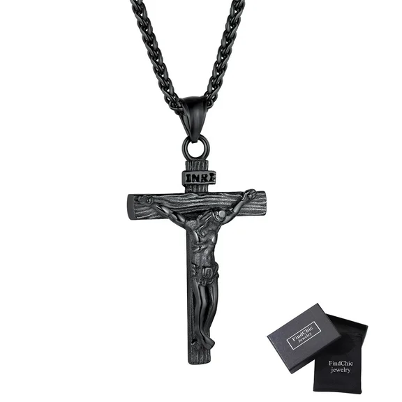 FindChic Cross Necklace Christian Black Necklace for Men Women Jewelry Cross Pendant with 22inch,Christmas Day Gift Chain