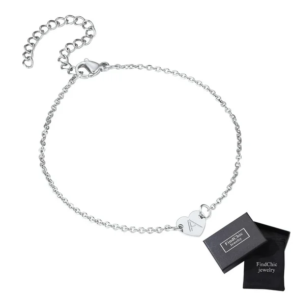 FindChic Cute Initials Bracelets for Women Heart Charm Anklets Chains for Girls with Capital Mother's Day Stainless Steel Alphabet Letter A to Z 6.3'' Adjustable Chain Bracelet(Send Gift Box)
