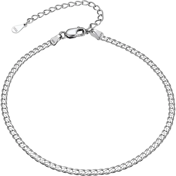 FindChic S925 Sterling Silver Ankle Chains Flat Curb Chain Anklets for Women 8.5"Foot Link Beach Jewelry, with Gift Box