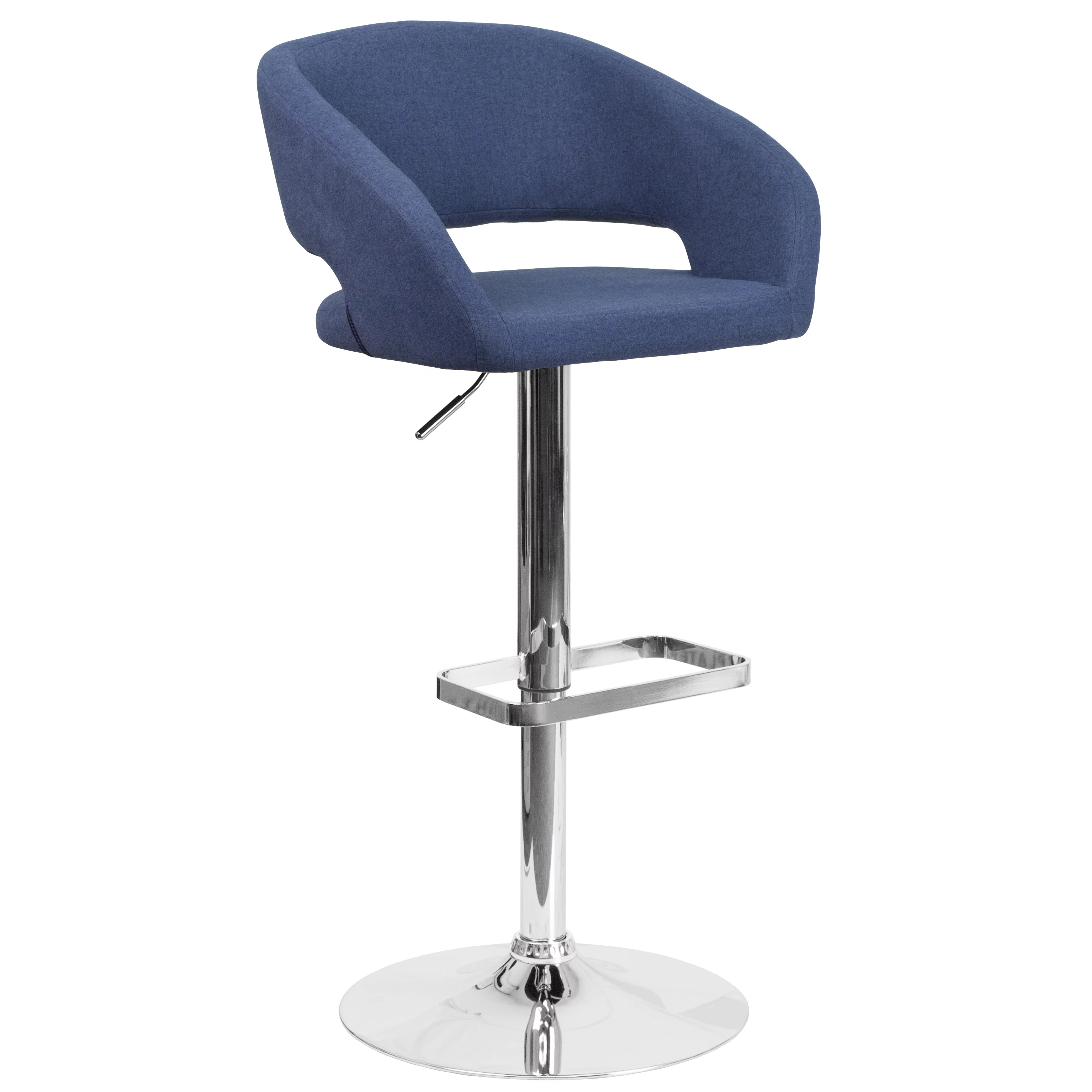 Flash Furniture Erik Contemporary Blue Fabric Adjustable Height Barstool with Rounded Mid-Back and Chrome Base