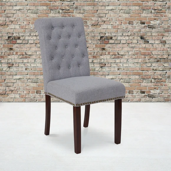 Flash Furniture HERCULES Series Light Gray Fabric Parsons Chair with Rolled Back, Accent Nail Trim and Walnut Finish