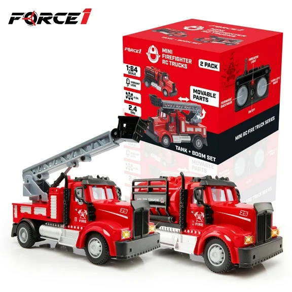 Force1 2pk Mini Firefighter RC Truck Tank + Boom RC Fire Truck Toddler Toys