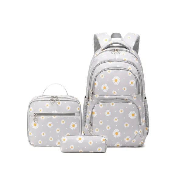 Forestfish Gray Daisy Kids School Backpacks Set for Teen Girls with Lunch Bag Water Resistant Lightweight Large Books Bag for Middle School