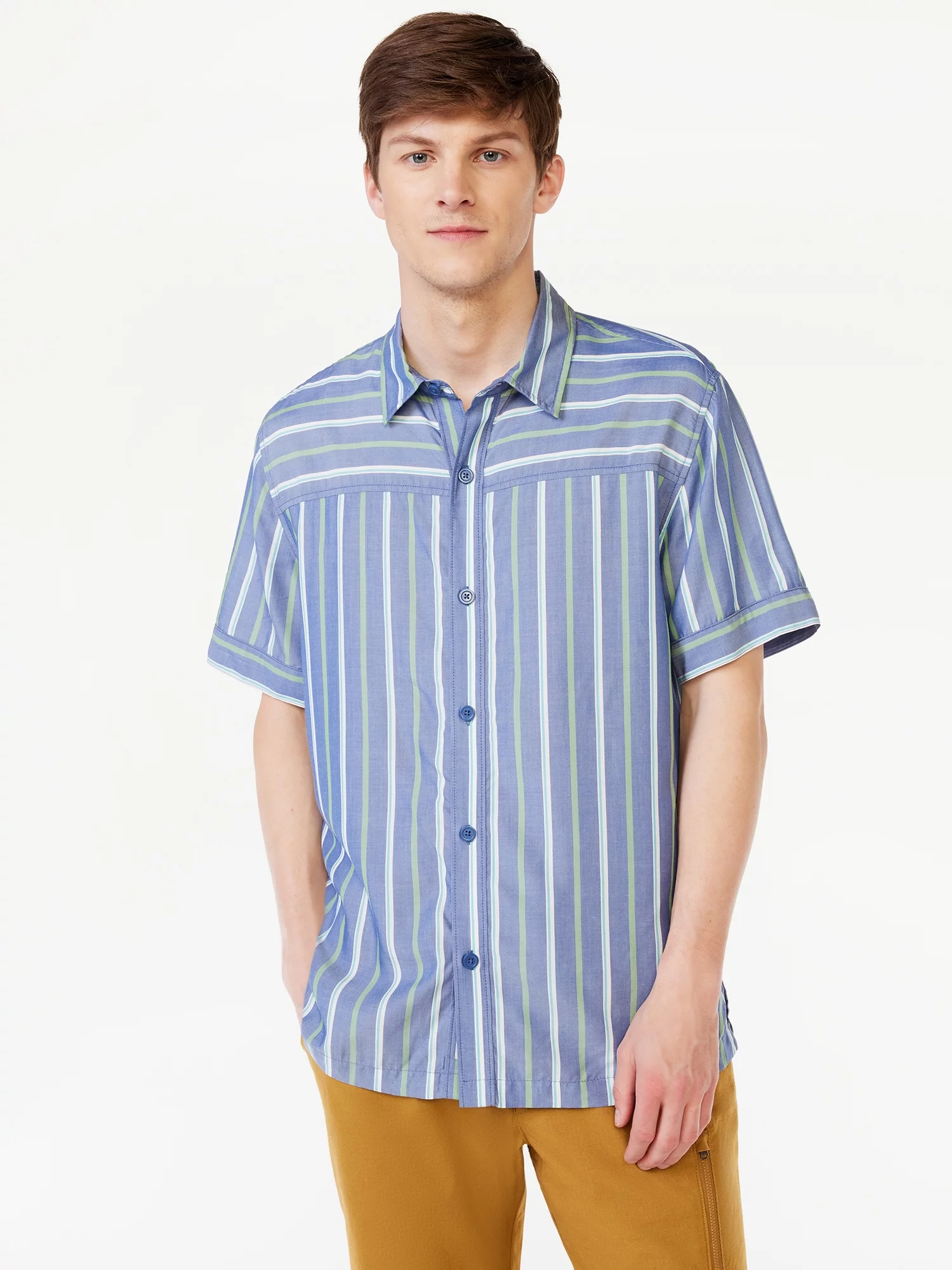 Free Assembly Men&amp;#39;s Striped Shirt with Short Sleeves
