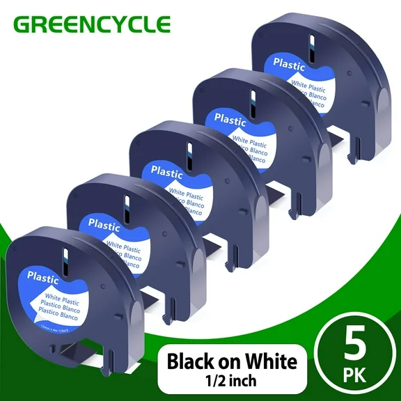 GREENCYCLE 5PK Compatible for DYMO LetraTag Refills 91331 1/2" x 13' (12mm x 4m) Black on White Plastic Label Maker Tape