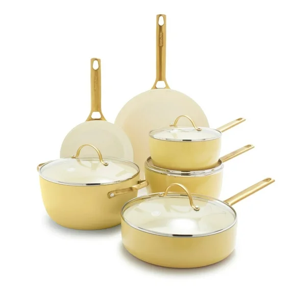 GreenPan Reserve Ceramic Nonstick 10-Piece Cookware Set | Sunrise with Gold-Tone Handles