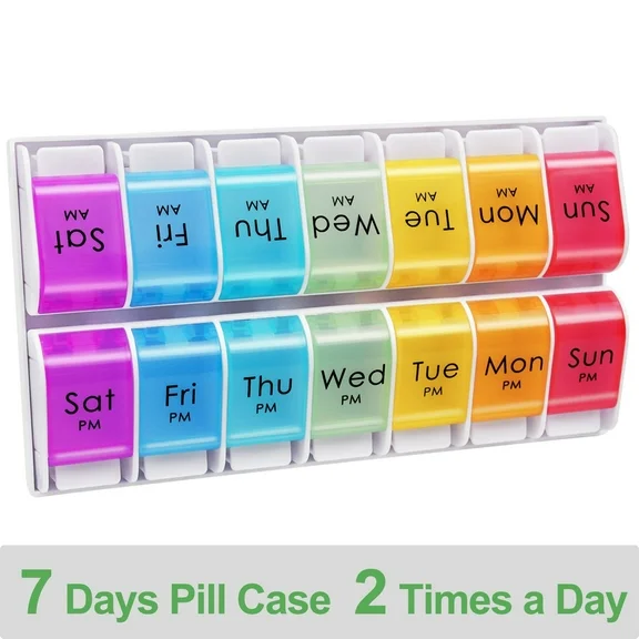 Greencycle Weekly 7 Day Push-Button Pill Organizer Arthritis Friendly 2 Times A Day AM/PM BPA-Free Pill Box Moisture-Proof Pill Cases Design for Vitamins Fish Oil Compartments Supplements (Rainbow)
