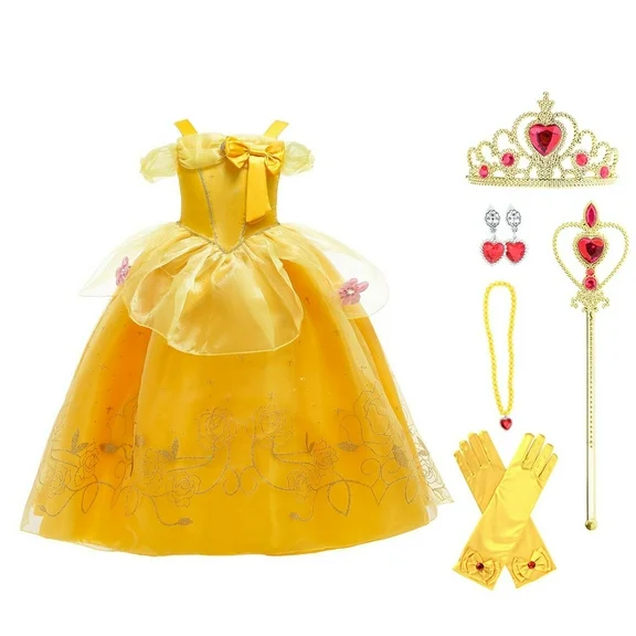 HAWEE Belle Princess Dress up Birthday Party Fairy Yellow Belle Costume for Toddler Girls