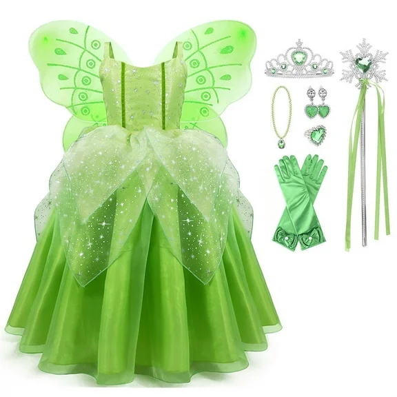 HAWEE Fairy Princess Dress Costume with Wings Little Girls Fancy Birthday Elf Tinkerbell Dress Up Halloween Outfit