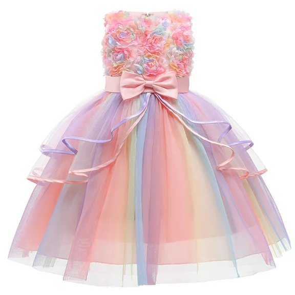 HAWEE Kids Flower Dresses For Baby Girls Elegant Wedding Princess Dress Ceremony Party Rainbow Tutu Ball Gown