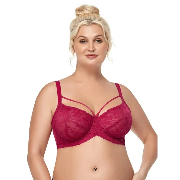 HSIA Womens Plus Size Sexy Bras Full Coverage Mesh Unlined Minimizer Bras Rose Red 44D