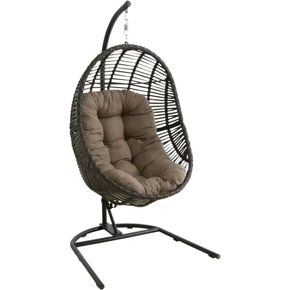 Hanover Outdoor Isla Brown Wicker Hanging Egg Chair with Taupe Cushion