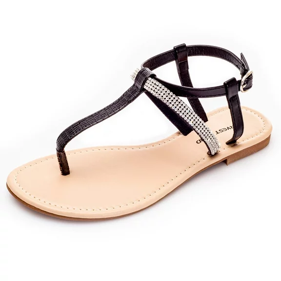 Harvest Land Women Flat Sandals T-Strap Rhinestone Dressy Thong Sandals for Ladies Summer Beach