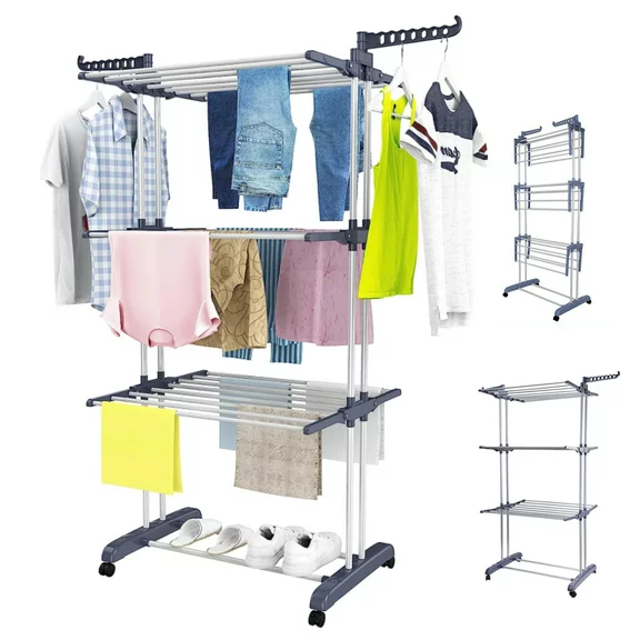 Homemart Clothes Drying Rack, 4-Tier Foldable Laundry Drying Rack, Stainless Steel Garment Clothes Dryer Indoor or Outdoor Standing Clothing Rack with Wheels