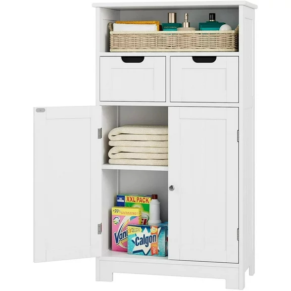 Homfa Bathroom Floor Storage Cabinet, Wood Linen Cabinet with Doors and Drawers and Adjustable Shelf, Kitchen Cupboard, Free Standing Organizer for Living Room Entryway Home Office, White