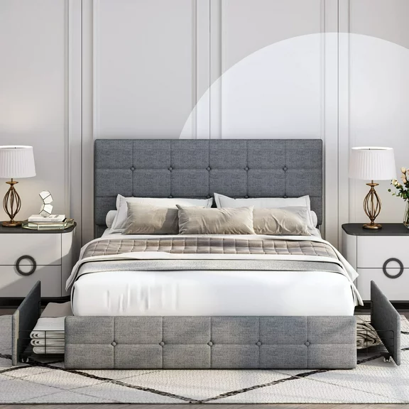Homfa Full Size 4 Storage Drawers Bed Frame, Square Tufted Upholstered Platform Bed with Adjustable Headboard, Light Grey