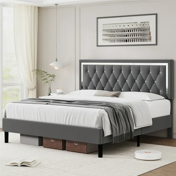 Homfa Full Size Bed with Adjustable Headboard, Platform Bed Frame with Diamond Tufted Upholstered Headboard, Gray