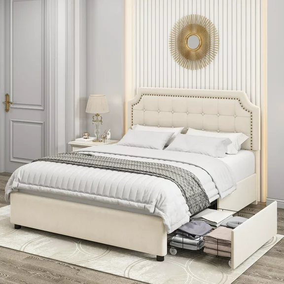 Homfa Full Size Storage Bed, 4 Drawers Vevlet Platform Bed Frame with Adjustable Upholstered Headboard, Creamy White