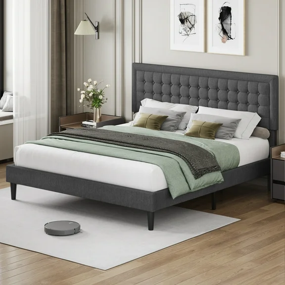 Homfa Queen Size Bed Frame, Modern Platform Bed Frame with Button Adjustable Tufted Upholstered Headboard, Wood Slat Support, Gray