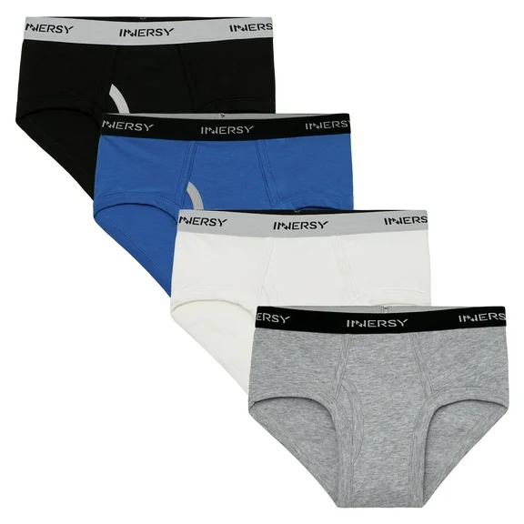 INNERSY Boys Cotton Underwear Soft Briefs Teen Panties for Age 6-18 4-Pack(Large,Black/Gray/Blue/White)
