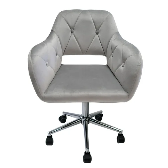 Impressions Brittney Tufted Leatherette Vanity Chair with 360 Degree Swivel Chair (Cool Grey Velvet)