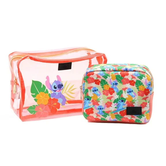 Impressions Vanity 2 Pcs Disney Stitch Clutch Set for Makeup Organizer, Travel Cosmetic Bag (Coral)