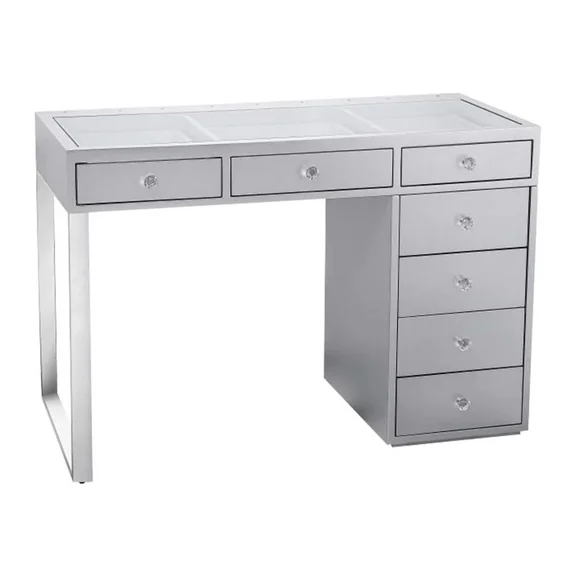 Impressions Vanity Desk with Drawers and Glass Top, Mini SlayStation Kylie 1.0 Makeup Table with 7 Drawers (Silver)