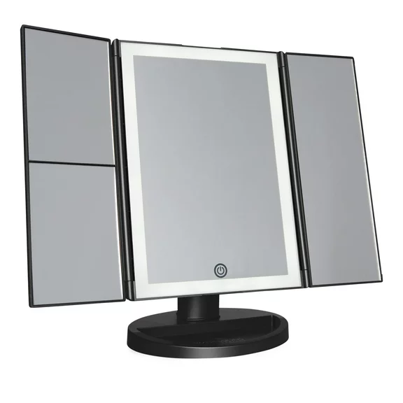 Impressions Vanity Makeup Mirror, Touch Trifold 2.0 LED Lights and 3X/2X Magnification (Black)