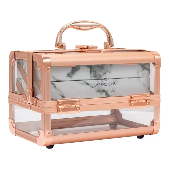 Impressions Vanity Savvy Lux Makeup Portable Size Travel Case with Flip Top Mirror (Rose Gold Clear White Marble)