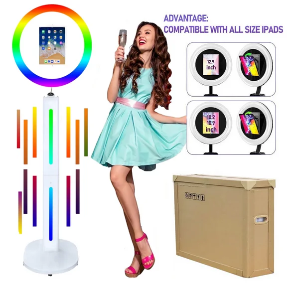 Ipad Photo Booth Shell Stand for iPad 10.2'' 10.9'' 11" 12.9'' with Software APP Control Light Box Music Sync Remote RGB Ring Light Photobooth Machine for Wedding and Christmas Event Rental
