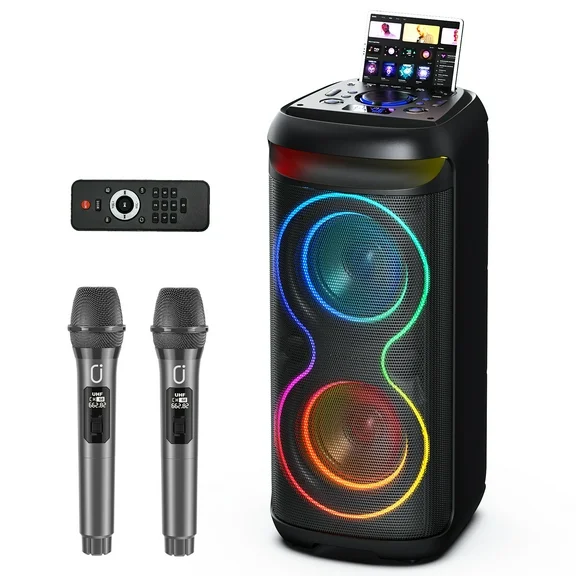 JAUYXIAN Bluetooth Speaker with Microphone, Karaoke Machine for Adult, Portable Home Singing Karaoke Speaker System with Dynamic Colorful LED Lights, TWS Support (T20-T/ Black)