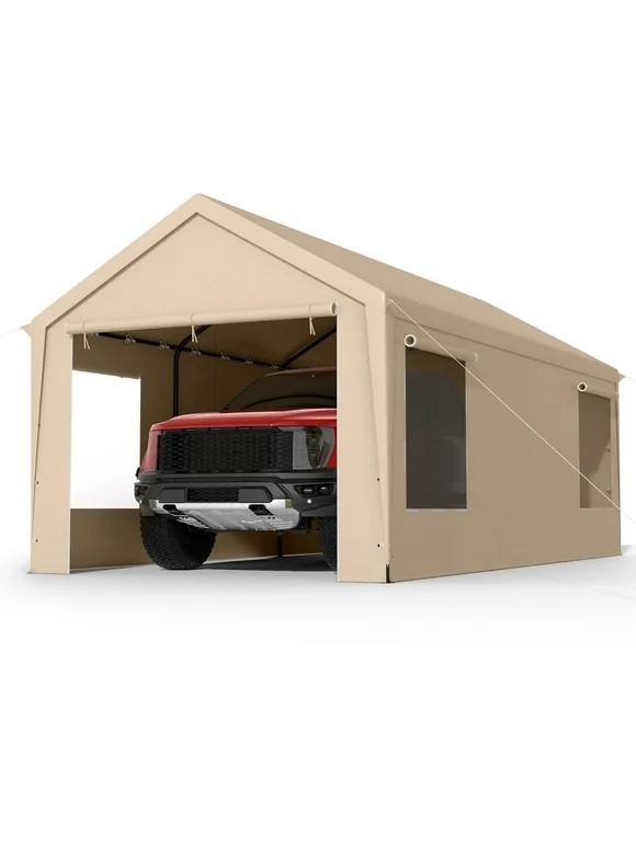 JUSTLET 12 x 20 ft Heavy Duty Steel Car Carport Canopy Tents with Window for Outside Party, Beige