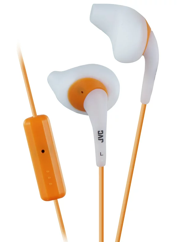 JVC Gumy Sport HA-ENR15 Earbuds - in Ear Headphones with Nozzle Secure Comfort Fit, Sweat Proof, 3.3ft Color Cord with iPhone Compatible Slim Plug (White/Orange)
