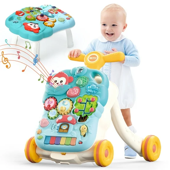 JoyStone 2 in 1 Baby Walker with Musical Play Table, Sit to Stand Toddler Learning Push Toys for 6-18 Months, Blue