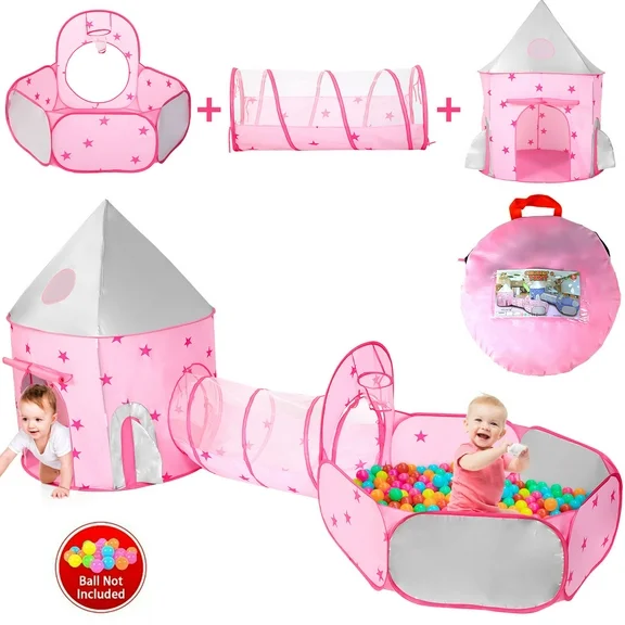 JoyStone 3pc Toddler Pop up Kids Play Tent with Tunnel and Ball Pit for Boys, Girls and Toddlers, Indoor& Outdoor Play House, Perfect Kid?s Gifts(Pink)