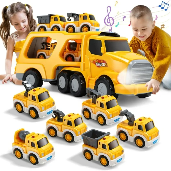 JoyStone 7 in 1 Construction Carrier Truck Transport Car Toys with Light and Sound, 6 Pull Back Cars, Vehicles Toys for Kids Age 2-6, Christmas Birthday Gifts, Yellow