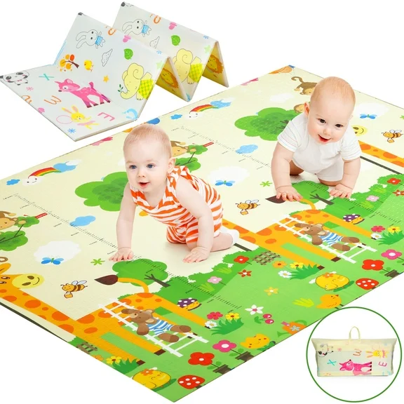 JoyStone Baby Play Mat, 78" X 70" Extra Large Reversible Foam Play Mat, Non-Toxic Foldable Animal Print Waterproof Crawl Mat for Toddlers and Babies