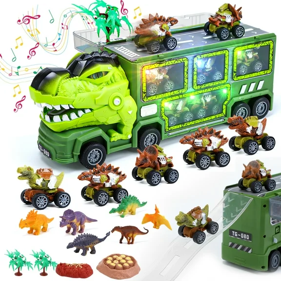 JoyStone Dinosaur Truck Toys for Kids 3-5 Years, 18 in 1 T-Rex Transport Car Carrier Truck with Light, Music & Roar Sound and Slide, Christmas Birthday Gifts for Boys, Green
