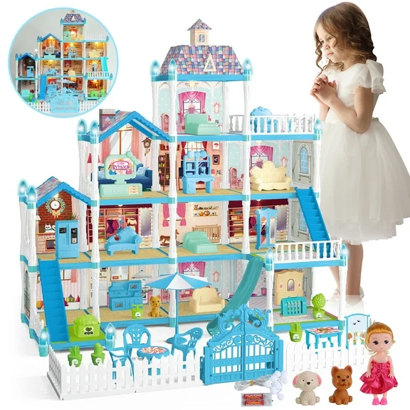 JoyStone Doll House for Girls, 4-Story Dollhouse Dreamhouse Playset with LED Lights & Dolls, Pretend Play Toys Gifts for Kids, Blue