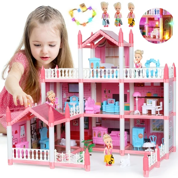 JoyStone DollHouse with Colorful Light, Pretend Play Toddler Doll House Furniture Sets with 3 Dolls, 9 Rooms DIY Dreamhouse , Creative Gift for Girls