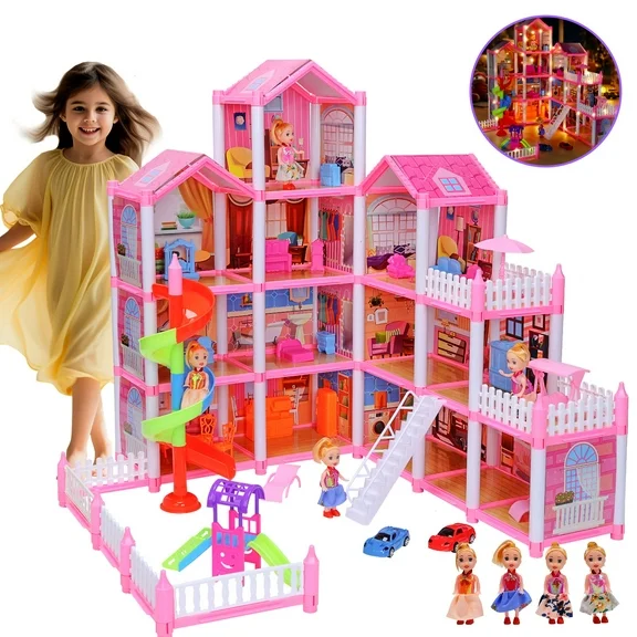 JoyStone Dream Dollhouse, 13 Rooms Playhouse with 4 Dolls Playset with Furniture&Light Strip& Rotating Slide, Gift Toy for Kids Ages 3-8