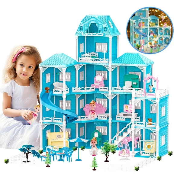 JoyStone Dream Dollhouse with Lights, 4-Story 12 Rooms Huge Doll House with 4 Dolls Toy Figures, Fully Furnished Pretend Playhouse Gifts for Girls Ages 3+, Blue